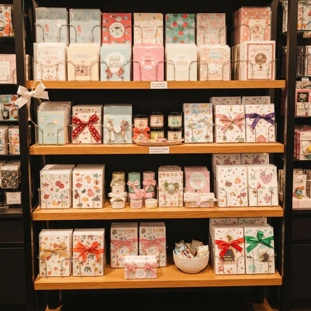 Colourful greeting cards and small gift items on a display stand