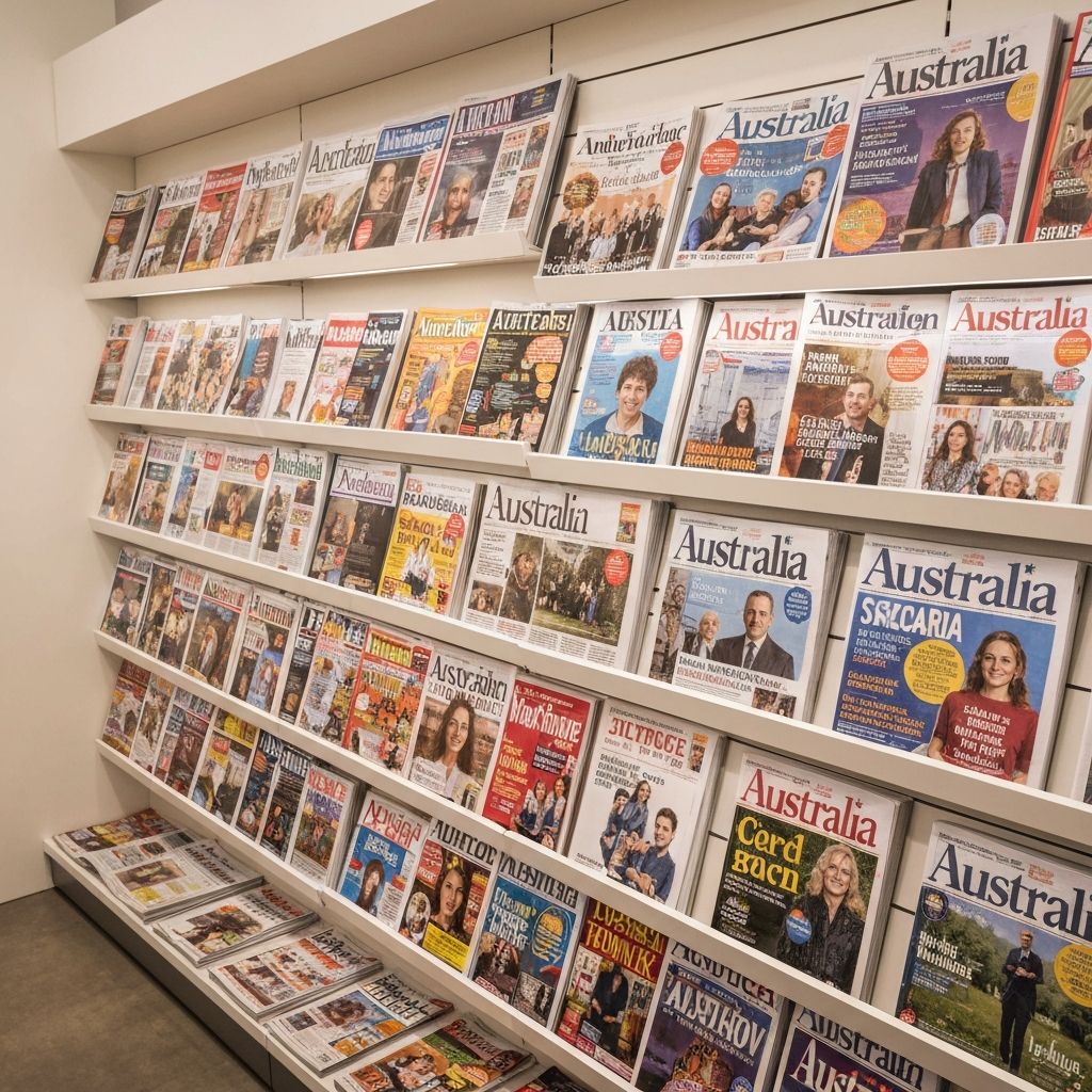 Colourful selection of newspapers and magazines on a retail shelf
