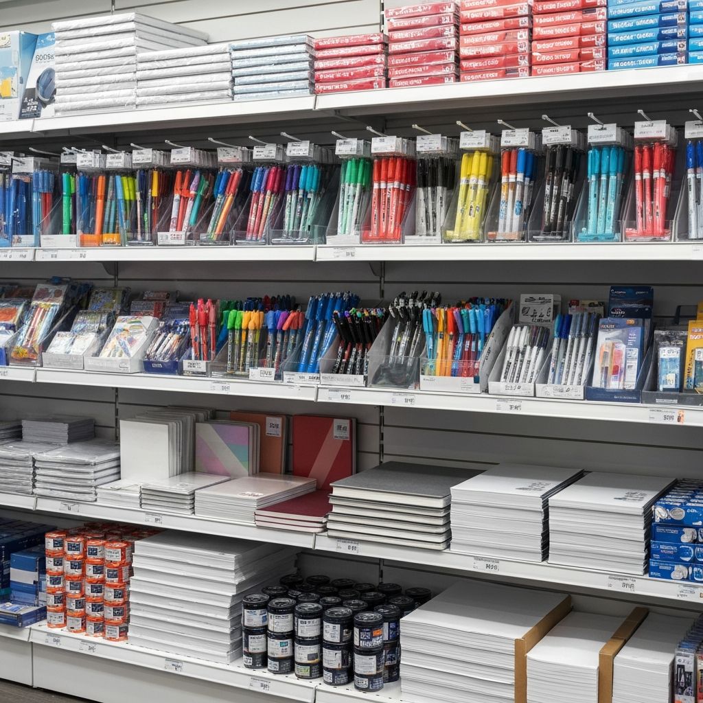 Pens, notebooks, printer ink and stationery supplies on a retail shelf